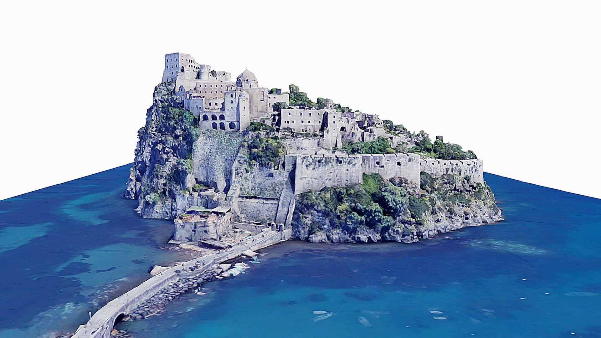 If someone is interested in the model, you can contact me through the following email potorro44@hotmail.com

Aragonese Castle (Italian: Castello Aragonese) is a medieval castle next to Ischia (one of the Phlegraean Islands), at the northern end of the Gulf of Naples, Italy.[1] The castle stands on a volcanic rocky islet that connects to the larger island of Ischia by a causeway (Ponte Aragonese).

The castle was built by Hiero I of Syracuse in 474 BC. At the same time, two towers were built to control enemy fleets’ movements. The rock was then occupied by Parthenopeans (the ancient inhabitants of Naples). In 326 BC the fortress was captured by Romans, and then again by the Parthenopeans. In 1441 Alfonso V of Aragon connected the rock to the island with a stone bridge instead of the prior wood bridge, and fortified the walls in order to defend the inhabitants against the raids of pirates 3d model