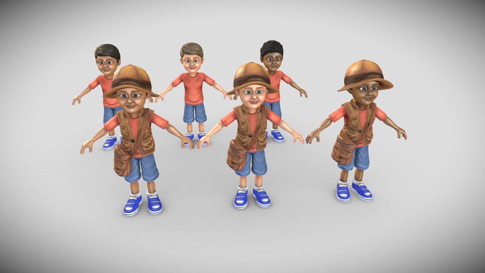 A child (Boy) model dressed for exploring. White, Latino, and Black versions included.

Color, Specular/Gloss, Occlusion, and Normal maps are 4096.

Collada, FBX, and OBJ formats included 3d model