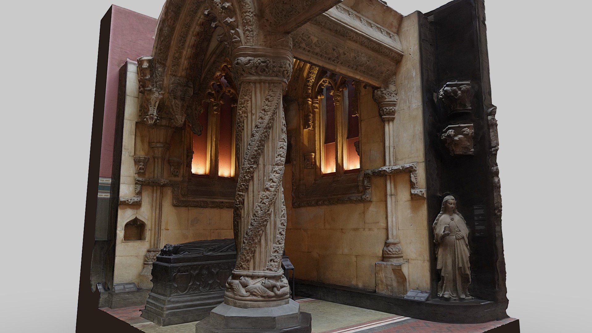 A cast of the walls and ceiling arches from a corner of Rosslyn Chapel in Scotland. Now located in Cast Courts (Room 46A), The Victoria and Albert Museum, London.

In the centre is a cast of the tomb effigy to Lady Fitzalan.

https://collections.vam.ac.uk/item/O128365/apprentice-or-prentice-pillar-architectural-cast-giovanni-franchi/

https://collections.vam.ac.uk/item/O41518/effigy-to-lady-fitzalan-tomb/

Photos taken in November 2022 with a Sony a7R III and processed in Reality Capture 3d model