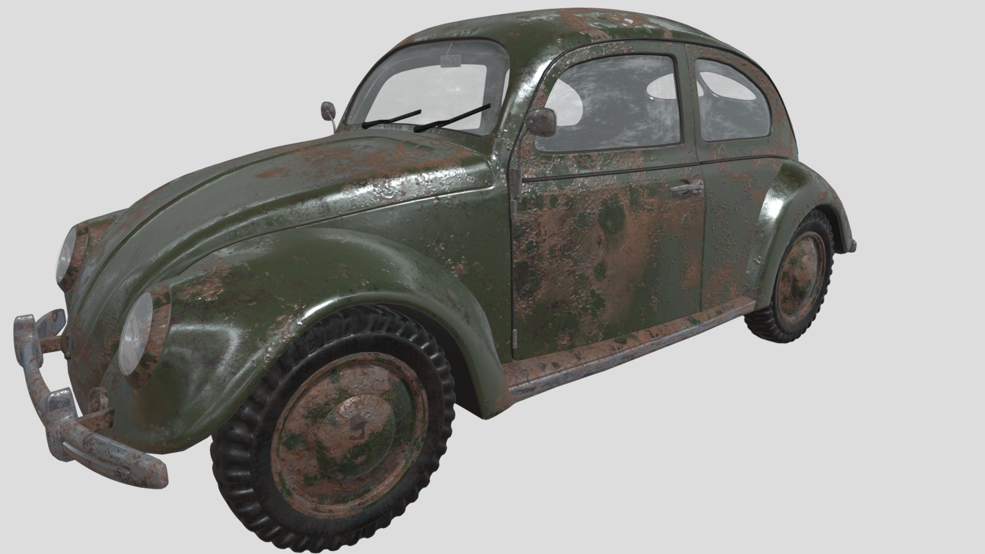 Hello

The rusty model I made inspired by the 1941 Beetle model.

High Quality Detailed Render 2K Render in Pro Render Scene

Pro Render Scene included with all Settings ( Reder Settings Materials, Ligths..) Detailed and include Cabin interior modeling

Modelling in 3DS Max 2022

Texture Painting made in Adobe Substance 3D Painter

All Textures 4K (4096x4096 Resolution) Made High Quality Saved PNG 16

Polygons:201,452 Vertex Count: 204,094

Unwraped UVs open all big parts in 3ds Max Uv map applied and Non Turbo Smooth added but All part mostly Compatibility modeled Turbo Smooth.

If you have any problems or questions, please write. -Clean Geometry Detailed Design Ready for games and Design. I wish everyone a good day. Thank you&hellip; Have a nice day 3d model