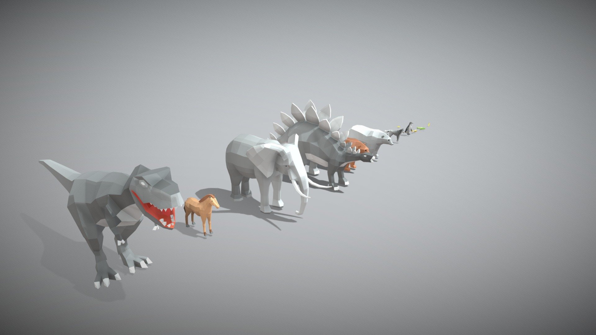 You will find in this pack:




Brown Bear 

White Bear 

Butterfly

Elephant 

Hourse 

Penguin 

Seagull 

StarFish 

Stegosaurus -T-Rex 

Wolf

All of them are low Poly if you want the pack just conact me via Email nizarzayto@gmail.com - Low Poly animal Pack - 3D model by N1x 3d model