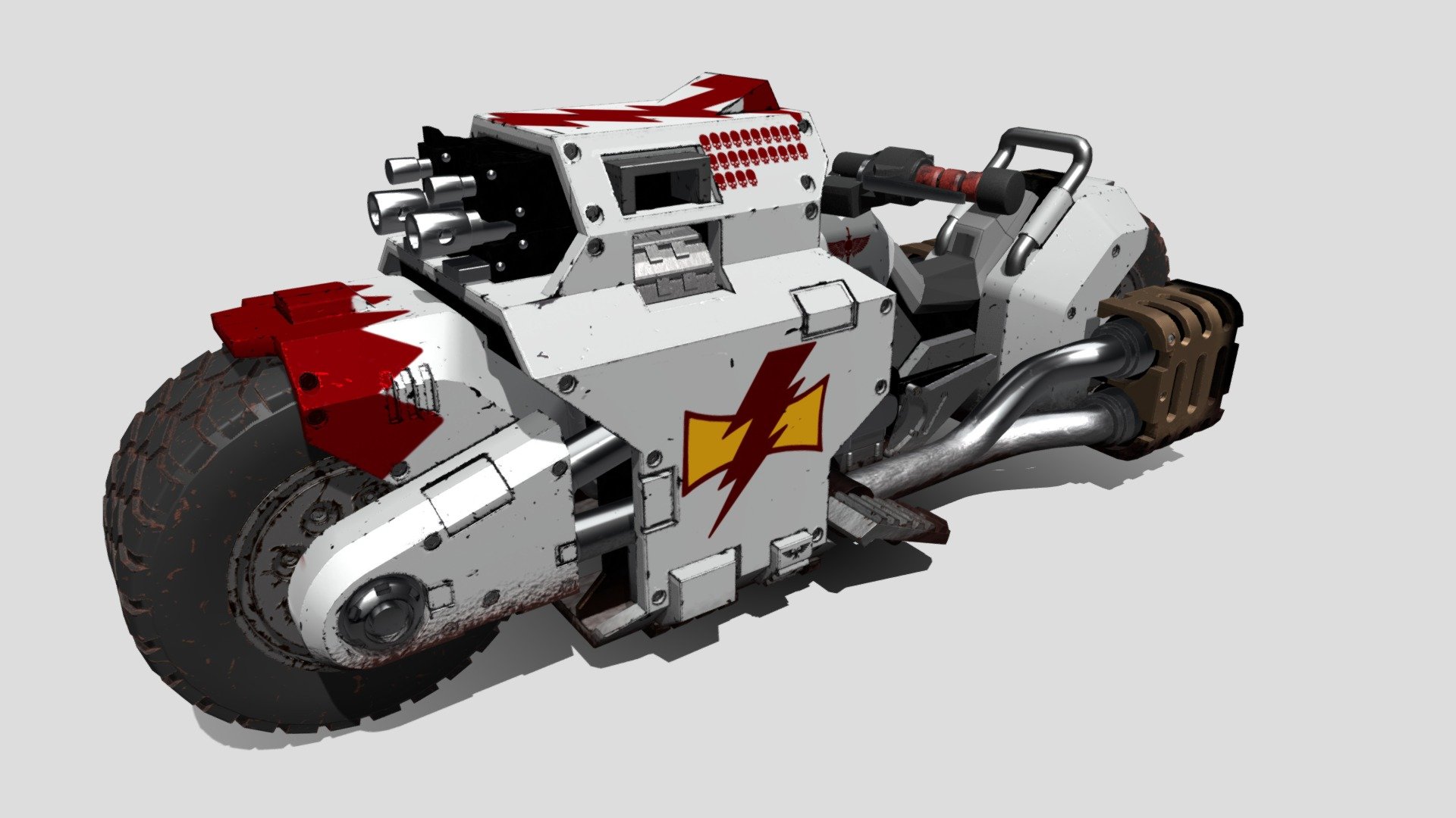 A motorcycle of the Warhammer 40k Universe. This one is painted with the colors and emblems of the &ldquo;White Scars