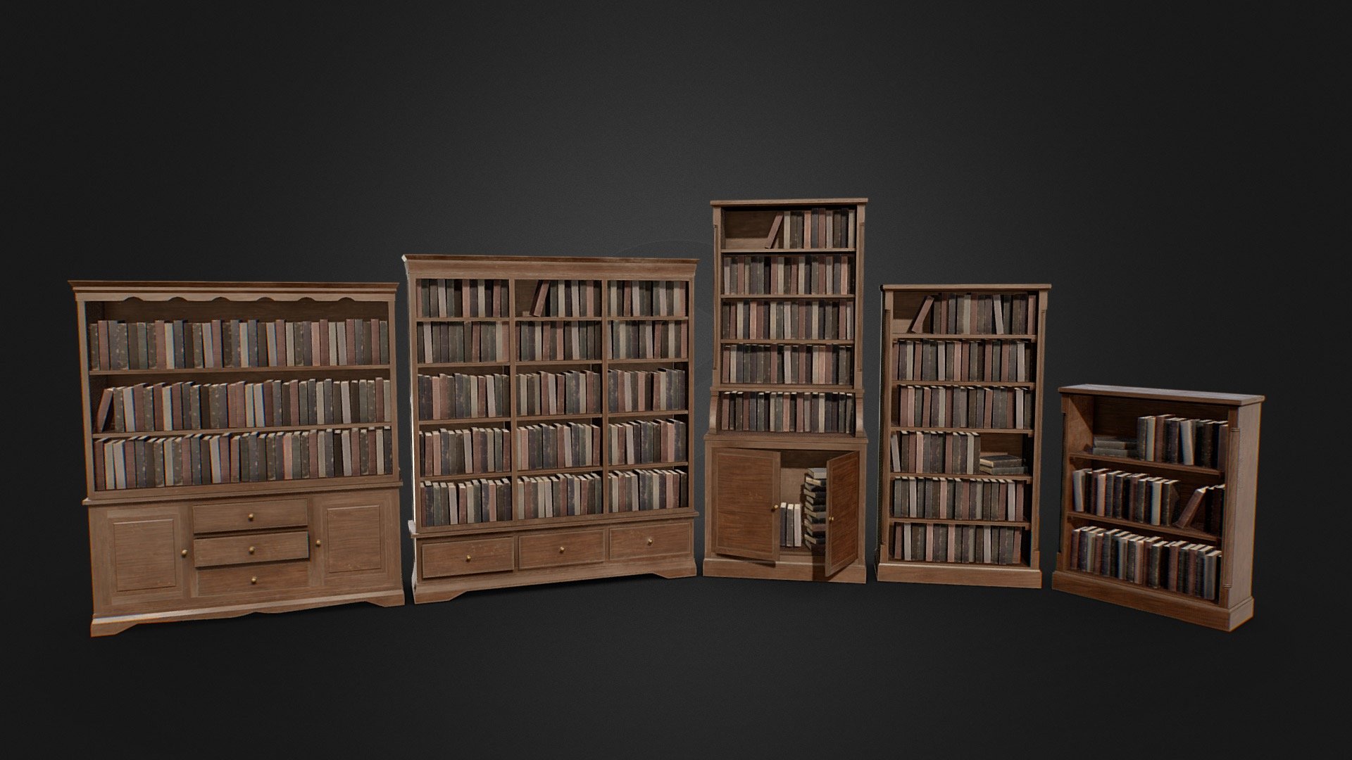 A collection of low-poly, game ready Victorian bookcases. The models look great in any environment and are suitable for use in game, VR, archviz and visual production.

Features




Collection includes 6 unique Victorian-themed bookcases with books.

The bookcase draws and cabinets can be opened and closed.

Models are low-poly and optimised for use in game, VR, archviz, and visual production.

Clean topology. Objects are grouped, named appropriately and unwrapped.

Modelled in Blender and textured in Substance Painter.

Triangle count ranges from 9,922 to 2,512. 32,840 total triangles; 21,341 total vertices.

Textures

5 PBR texture sets. Textures are in .png at 4096x4096 and includes: Base Colour, Metallic, Roughness, Normal 3d model