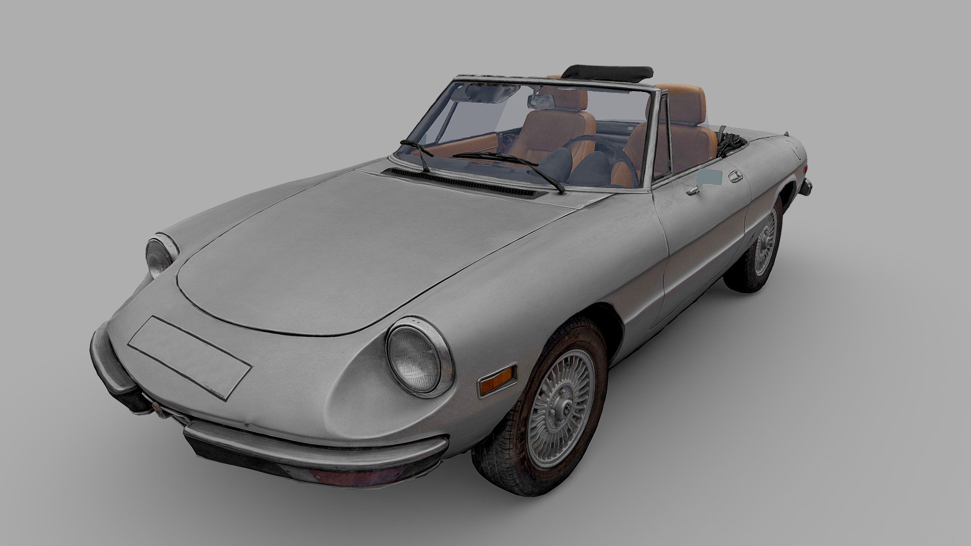 Photogrammetry of vintage car: Alfa Romeo Spider, a James Bond looking car.
This machine belongs to the Series 2 (1970–1982/83)
The Alfa Romeo Spider (105/115 series) is a two-seater, front engine, rear drive roadster manufactured and marketed by Alfa Romeo from 1966 to 1994 in four distinct series, each with modifications ranging from modest to extensive.

As successor to the Giulia Spider, the Spider remained in production for almost three decades. The first three series were assembled by Pininfarina in Grugliasco and the fourth series in San Giorgio Canavese. The last Spider was manufactured in April 1993 — the last rear wheel drive Alfa Romeo before the Alfa Romeo 8C Competizione of 2007.

In 2012, FCA Italy and Mazda studied the possibility of jointly developing a new Spider for 2015 based on the Mazda MX-5 platform.
Ultimately, FCA and Mazda chose to manufacture a modern interpretation of the Fiat 124 Sport Spider rather than reviving the Alfa Romeo Spider - Alfa Romeo Spider Series 2 (1973) - 3D model by Raiz (@RaizVR) 3d model