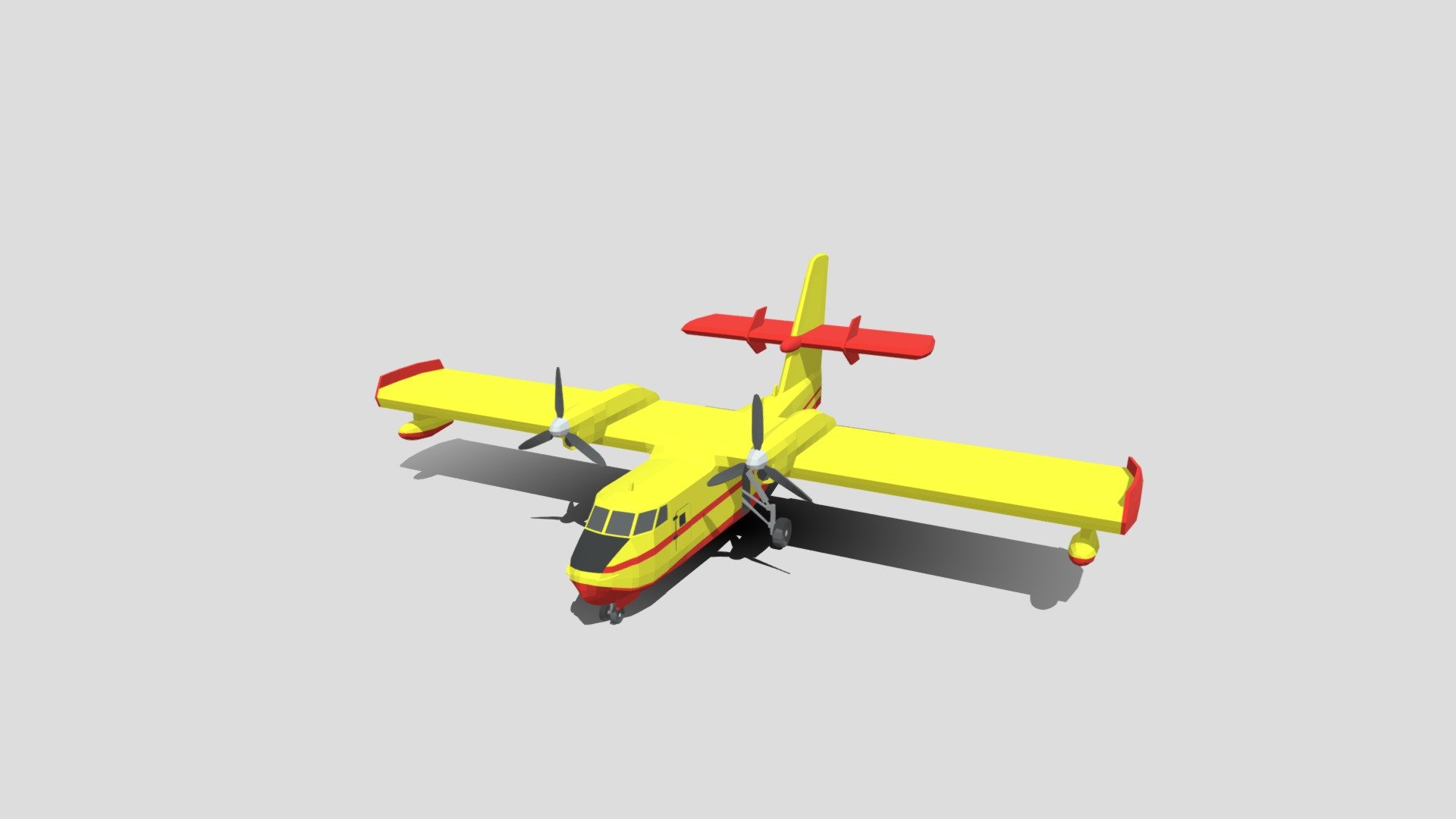 This is a low poly 3d model of a Canadair CL 215 airplane. The low poly airplane was modelled and prepared for low-poly style renderings, background, general CG visualization presented as a mesh with quads and few tris.

Verts : 3.782 Faces: 3.598

The model have simple materials with diffuse colors.

No ring, maps and no UVW mapping is available.

The original file was created in blender. You will receive a 3DS, OBJ, FBX, blend, DAE, Stl, glTF.

All preview images were rendered with Blender Cycles. Product is ready to render out-of-the-box. Please note that the lights, cameras, and background is only included in the .blend file. The model is clean and alone in the other provided files, centred at origin and has real-world scale 3d model