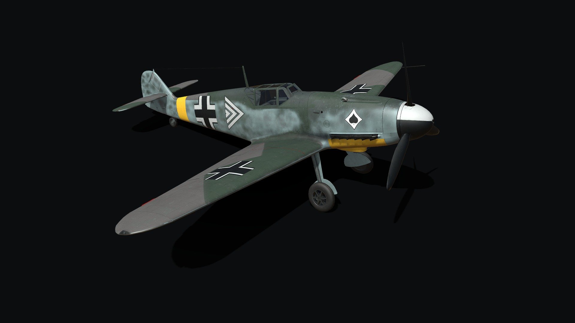 The Messerschmitt Bf 109 is a German World War II fighter aircraft that was, the backbone of the Luftwaffe's fighter force. It was one of the most advanced fighters when it first appeared, with an all-metal monocoque construction, a closed canopy, and retractable landing gear. 

Redesign during 1939–40 gave birth to the F series. The Friedrich had new wings, cooling system and fuselage aerodynamics, with the 1,175 PS (864 kW; 1,159 hp) DB 601N (F-1, F-2). Considered by many as the high-water mark of Bf 109 development, the F series abandoned the wing cannon and concentrated all armament in the forward fuselage with a pair of synchronized machine guns above and a single 15 or 20 mm Motorkanone-mount cannon behind the engine 3d model