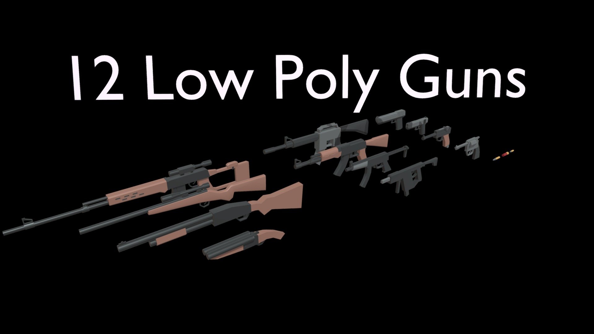 12 Low Poly Guns.

10K Tris approximately.

800 Tris per model approximately.

Simple Low Poly Guns with single shaded colour per material which makes it easy to change colour attributes and modify material property.

Parts of the model like magazine and trigger are separate from the body which makes it easy to animate 3d model