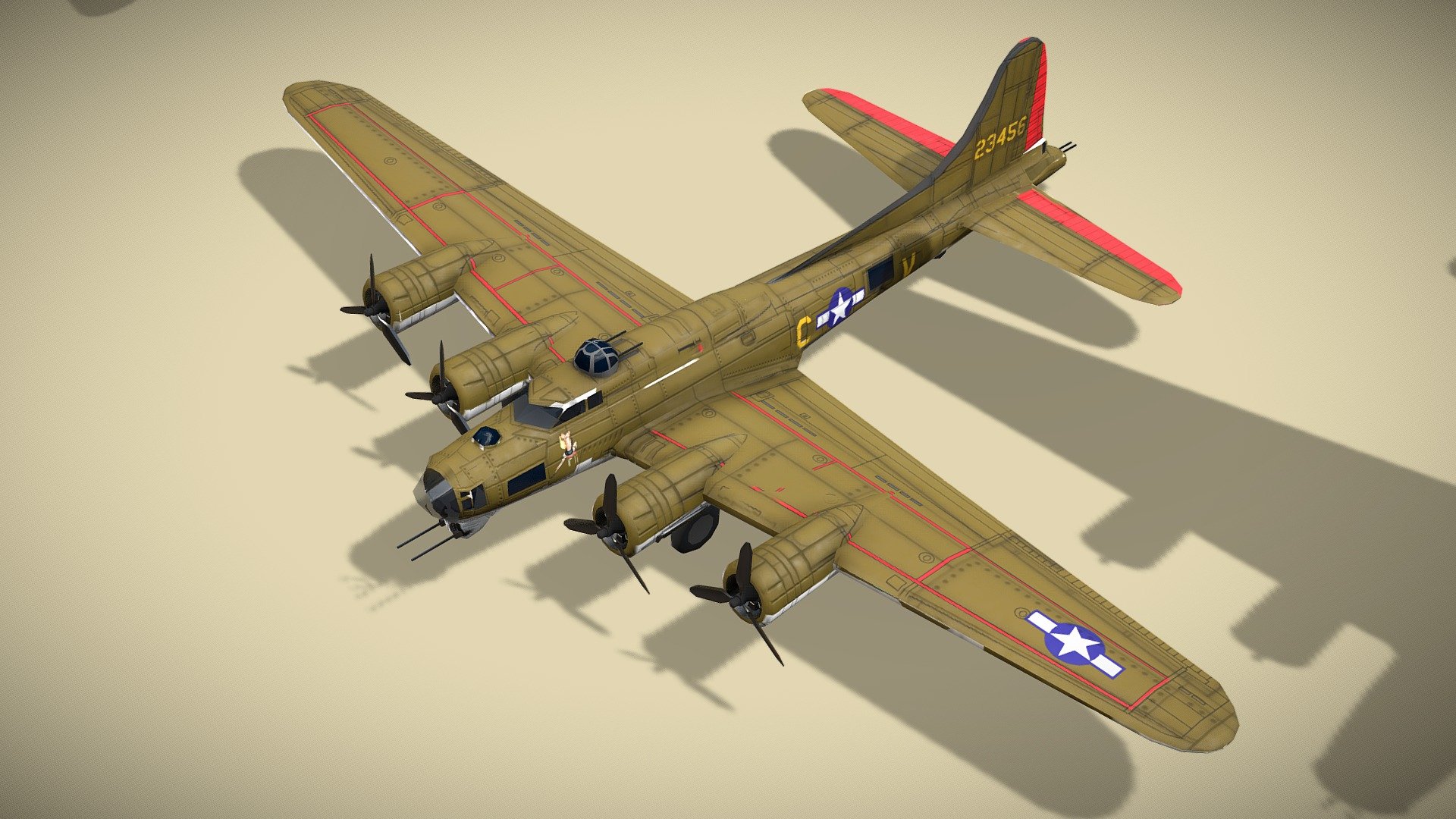 Boeing B-17 Flying Fortress

Lowpoly model of american heavy bomber



Boeing B-17 Flying Fortress is a four-engined heavy bomber developed in the 1930s for the United States Army Air Corps. Competing against Douglas and Martin for a contract to build 200 bombers, the Boeing entry outperformed both competitors and exceeded the Air Corps' performance specifications. Although Boeing lost the contract (to the Douglas B-18 Bolo) because the prototype crashed, the Air Corps ordered 13 more B-17s for further evaluation. From its introduction in 1938, the B-17 Flying Fortress become the third-most produced bomber of all time, behind the four-engined Consolidated B-24 Liberator and the multirole, twin-engined Junkers Ju 88.



1 standing version and 2 flying versionsin set

Model has bump map, roughness map and 3 x diffuse textures.



Check also my other aircrafts and cars

Patreon with monthly free model - Boeing B-17 Flying Fortress lowpoly WW2 bomber - Buy Royalty Free 3D model by NETRUNNER_pl 3d model