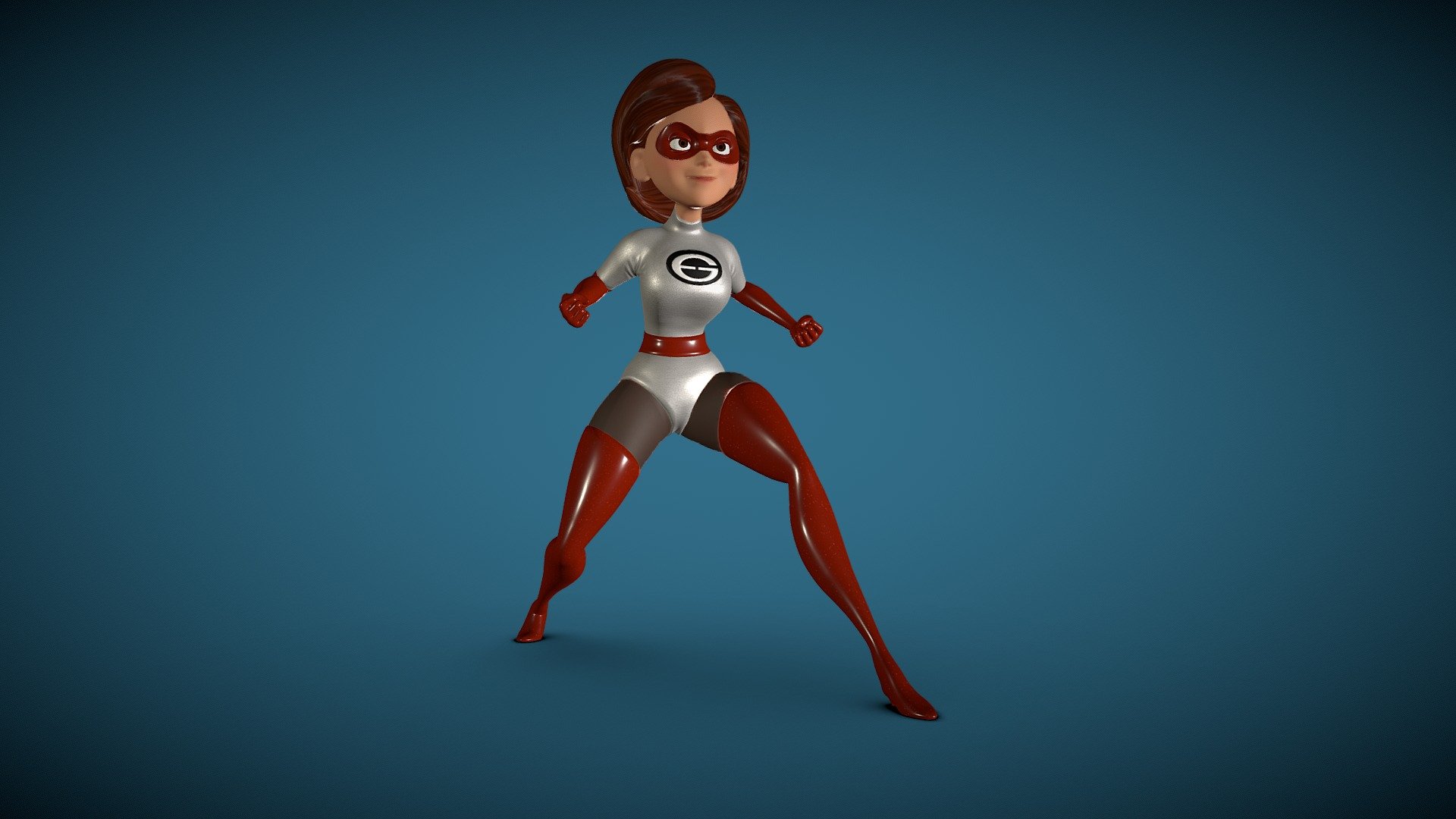 Modelo 3D baseado na personagem Mulher-Elástica, com o uniforme clássico branco e vermelho como visto no filme &ldquo;The Incredibles 2