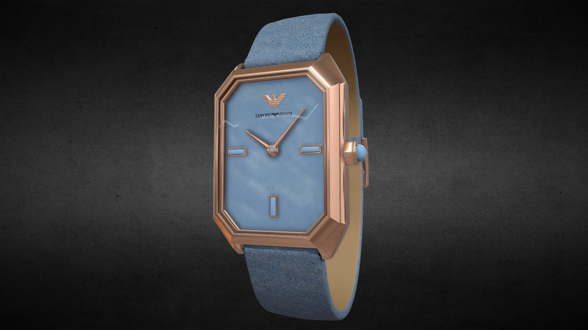 Awesome stainless steel Armani Two-Hand Blue Leather Watch․
Use for Unreal Engine 4 and Unity3D. Try in augmented reality in the AR-Watches app. 
Links to the app: Android, iOS

Currently available for download in FBX format.

3D model developed by AR-Watches

Disclaimer: We do not own the design of the watch, we only made the 3D model 3d model