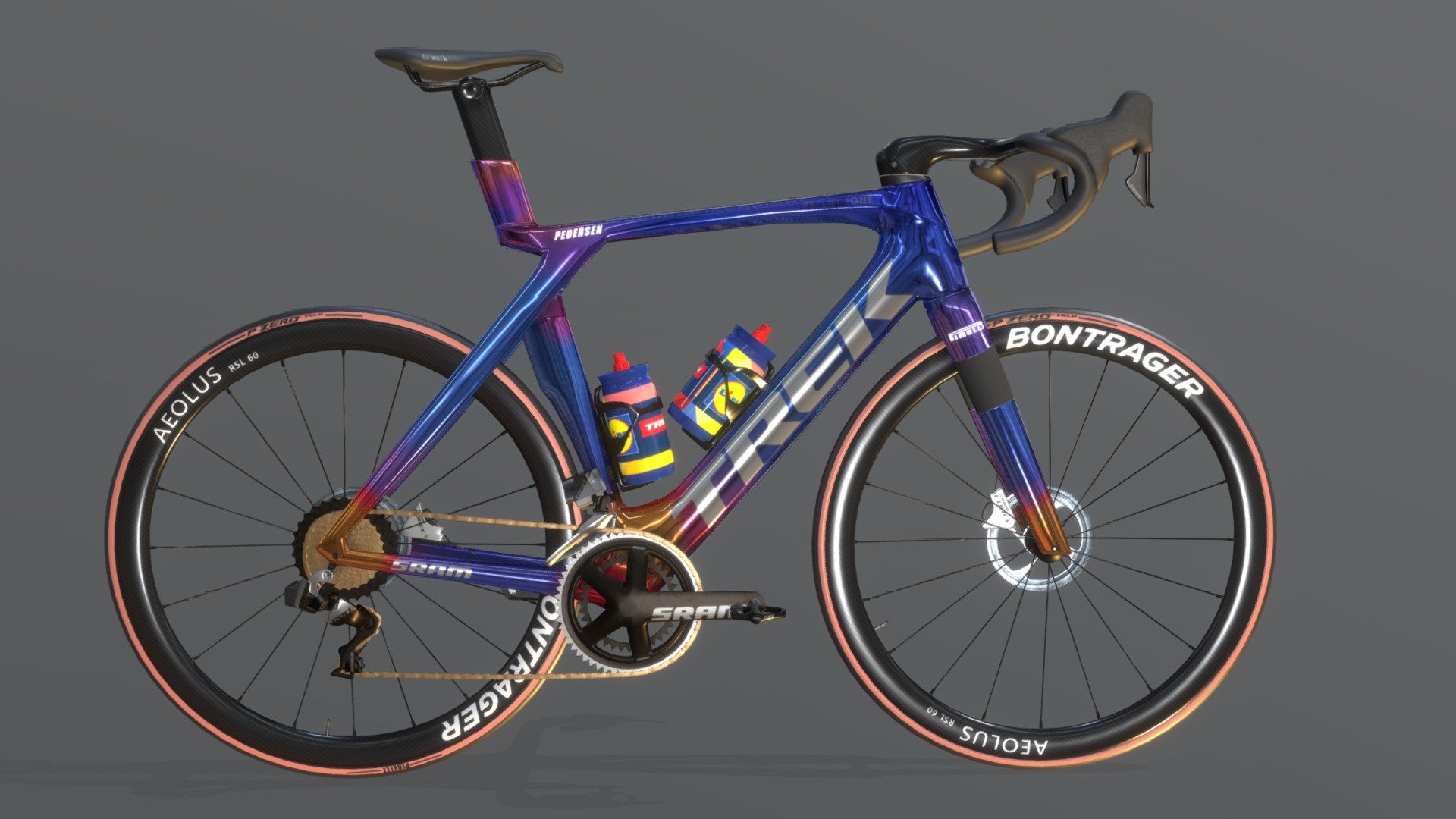 TREK - LIDL Trek Madone roadbike of Mads Pedersen  3D model made in blender, baked from high poly and textured in substance painter. It consist of 65k faces. Bike consist of 18 objects. All of them are on the single UV layout. Baked maps are in 4k so it possible to downgrade if needed. Eight maps baked: base color, roughness, metallic, normal, ambient occlusiom, emissive, displacement, alpha 3d model