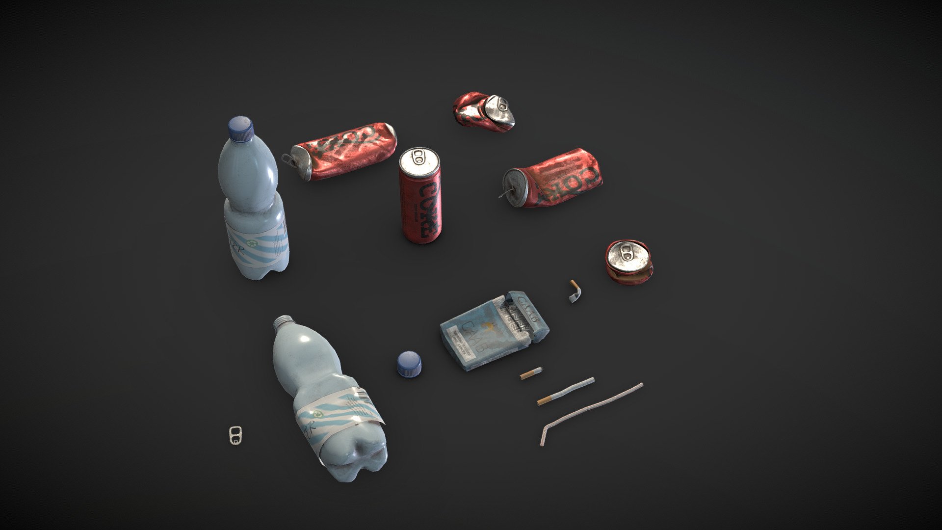 Trash Pack, all models are standalone and usable individually. 
In the 7z Pack you'll find textures in all resolution from 512 to 4k, packed for Unreal and standard Textures for other render engines. 
Also you'll find the model in obj and fbx format 3d model
