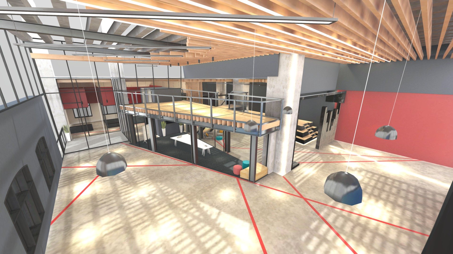 A warehouse-style co-working office space styled in Glass, Steel and repurposed wood. Large meeting areas, two small offices, presentation area, conference room and loft space. Baked texture and lighting, optimized for Metaverse use. Used with collision layer: https://skfb.ly/oCVot

This metaverse environment is available as a default template on Vatom Spaces - spaces.vatom.com

Sign up for a free account now for your own infinite* metaverse space, with 1GB of storage and up to 25 guests at a time for free. Upload any GLBs to create and customize your environment 3d model