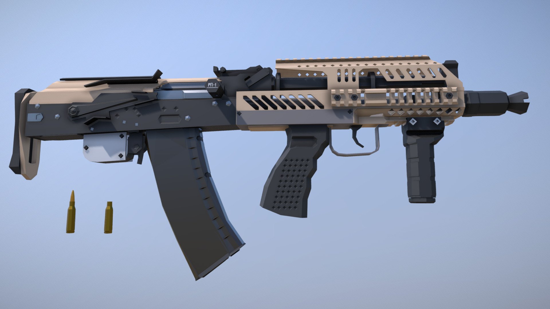 Low-Poly model of an AK-105 converted into a bullpup using a Kochevnik bullpup kit, made by Zenitco in cooperation with a gun designer who's nickname gave the kit its name. This gun is significantly shorter than even the AKS-74U, while still having a longer barrel and all the features of a normal AK, as well as a rail for mounting optics. It has a brass deflector and a cheekpad on the dust cover, as well as a heatshield above the pistol grip 3d model