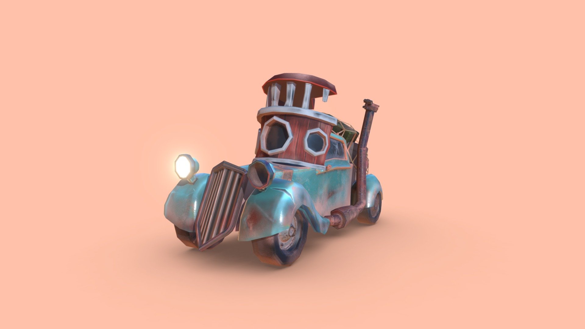 A car with shipwreck parts that drives through a now dried sea 3d model