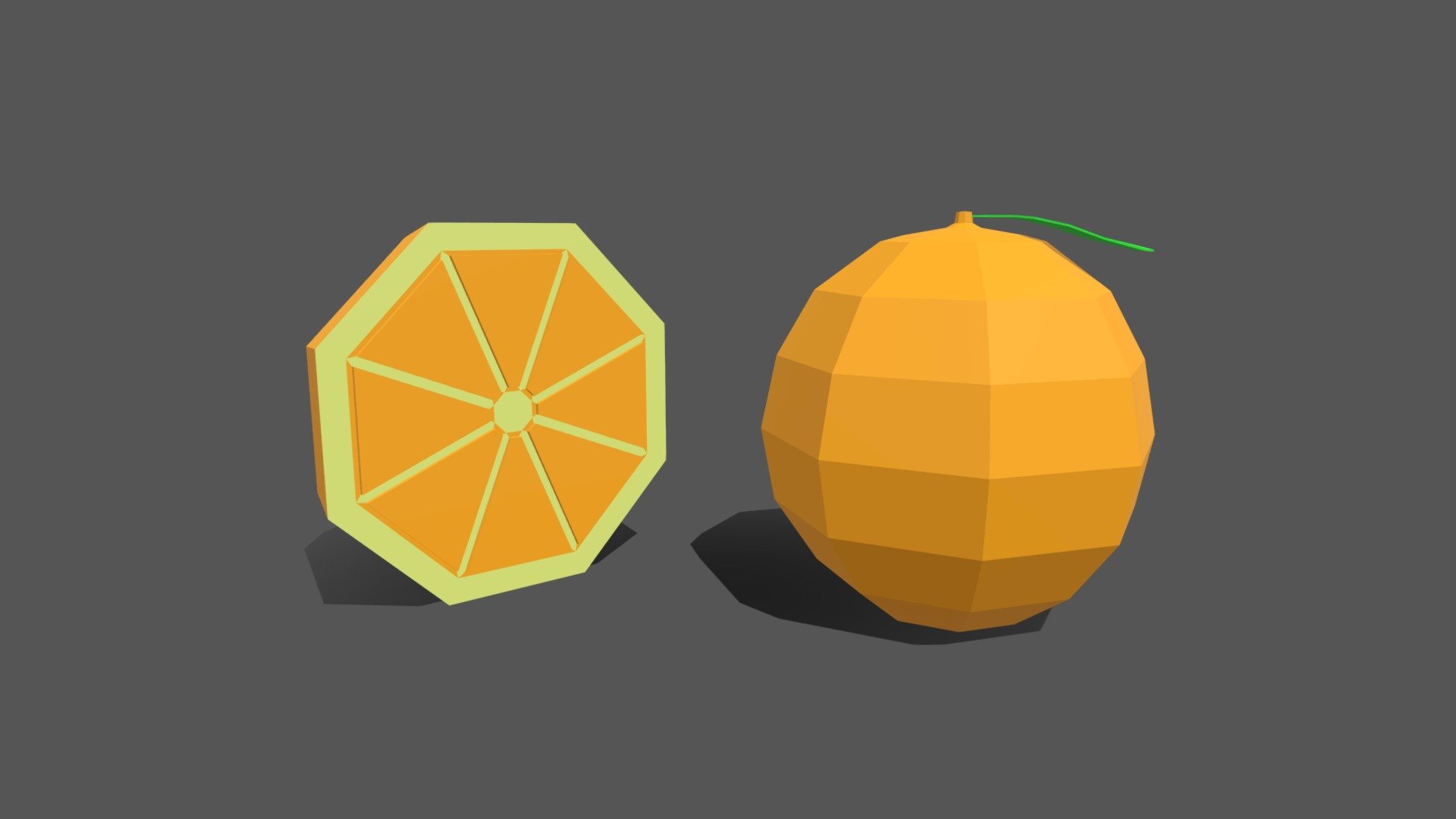 This is a low poly 3d model of an orange. The low poly orange was modelled and prepared for low-poly style renderings, background, general CG visualization. 

The 3d orange model is presented as 2 meshes. Meshes are quads only. Verts : 262 Faces: 258

Orange : Verts 148 Faces 146, Half Orange: Verts 114 Faces 112

Simple diffuse colors.

No maps and no UVW mapping is available.

The original file was created in blender. You will receive a 3DS, OBJ, FBX, blend, DAE, STL.

All preview images were rendered with Blender Cycles. Product is ready to render out-of-the-box. Please note that the lights, cameras, and background is only included in the .blend file. The model is clean and alone in the other provided files, centred at origin and has real-world scale 3d model