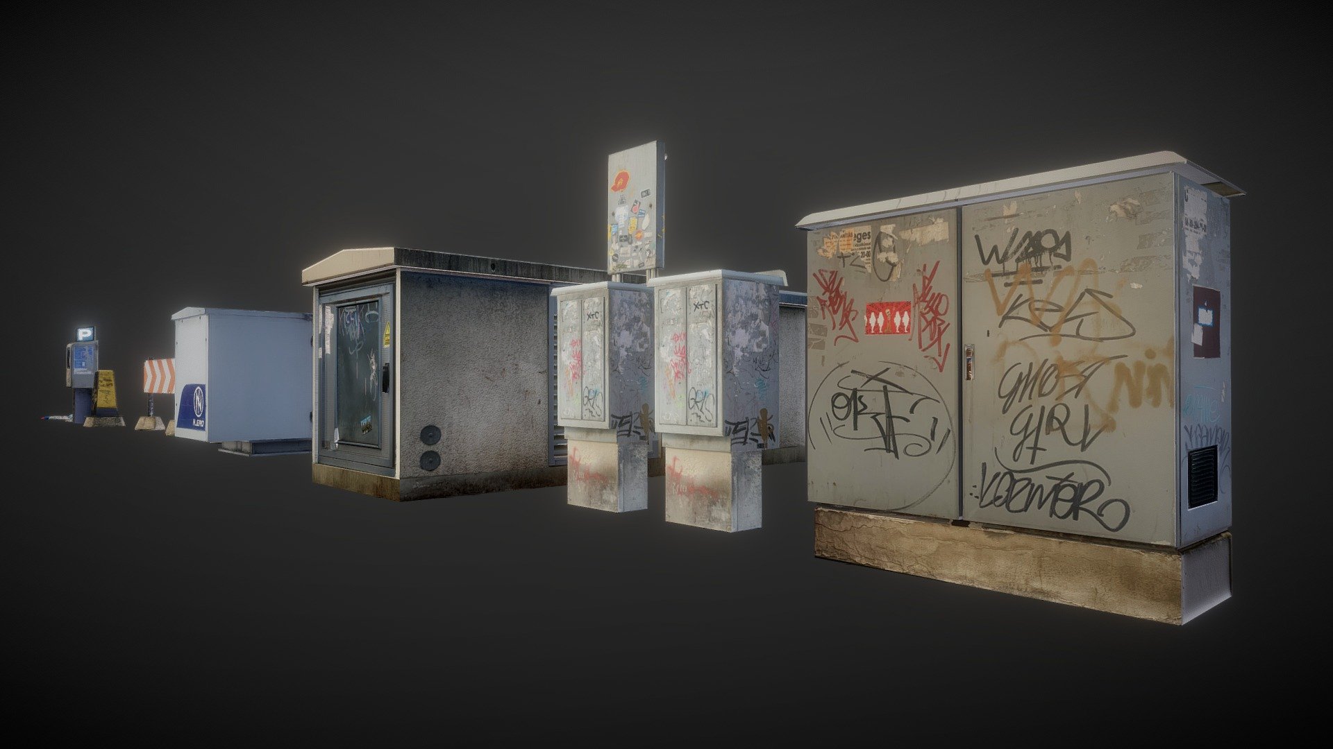Various electrical boxes, and street props.
pbr textures, low poly models 3d model