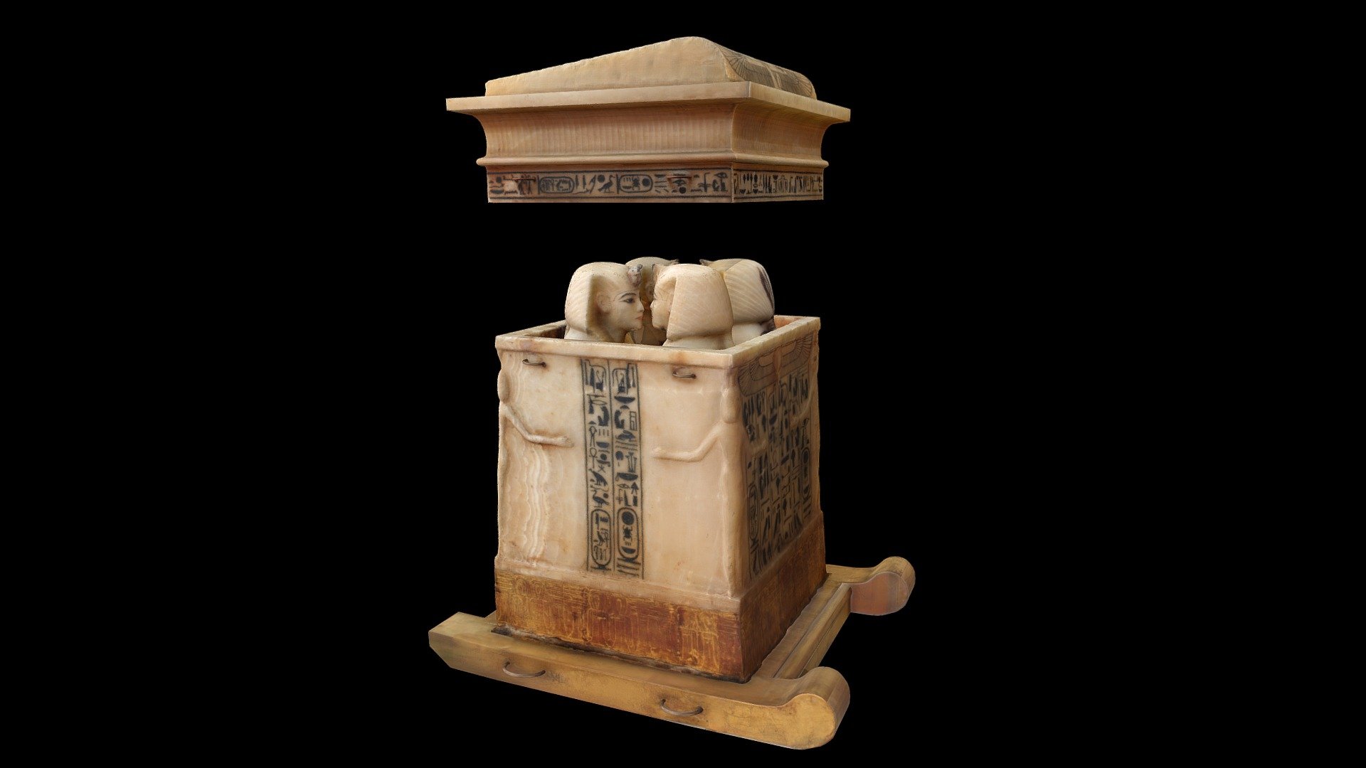Canopic Chest of Tutankhamen in the Egyptian Museum, Cairo. The main chest and lid is carved from alabaster.  Each of the heads is a seperate carved piece and form &ldquo;stoppers