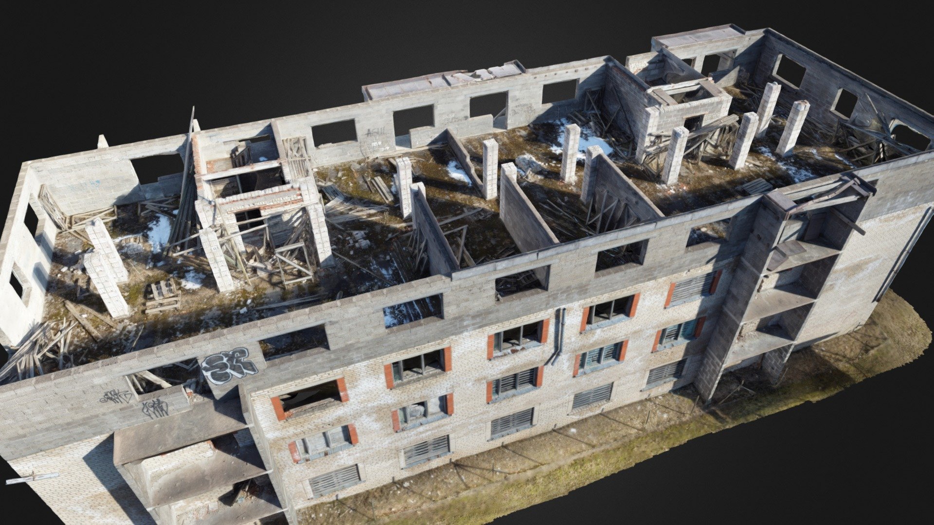3D scan of an abandoned apartment complex without a roof.
Unfinished 4th floor.
4 story high.
With normal map 3d model