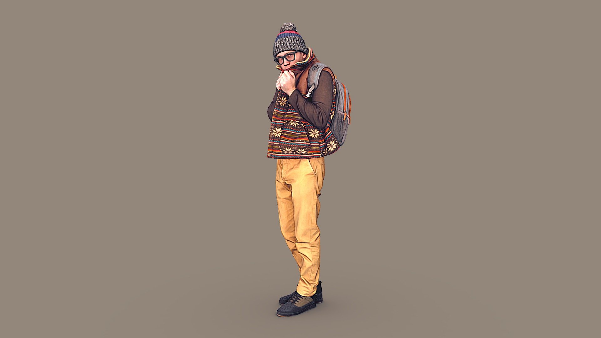 Follow us on instagram ✌🏼

✉️ A young man, a nice guy, a good boy, an excellent student in glasses, in trousers of a camel color, in a colored hat with a pompom, a warm vest with a small geometric winter alpine pattern, a backpack, stands straight, looks to the left, hides from the wind and cold by lifting the collar to the face.

🦾 This model will be an excellent mid-range participant. It does not need to be very close and try to see the details, it reveals and demonstrates its texture as much as possible in case of a certain distance from the foreground.

⚙️ Photorealistic Casual Character 3d model ready for Virtual Reality (VR), Augmented Reality (AR), games and other real-time apps. Suitable for the architectural visualization and another graphical projects. 50 000 polygons per model 3d model