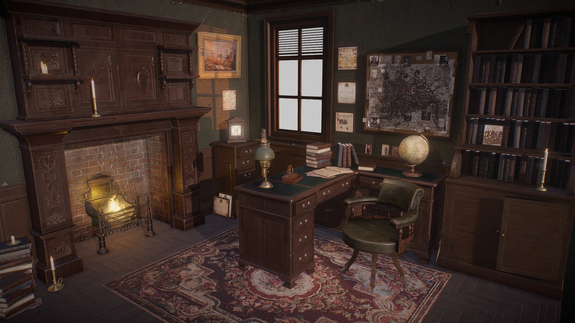 A Victorian study room that includes a collection of game-ready assets. The overall theme is a private detective room for a personal project, but the assets are suitable for many themes and genres.

This sanctuary belongs to a private detective. Amid the crackle of the fire and the room's shadowed corners, she delves into mysteries, her scattered notes, books, and sketches revealing a world of silent secrets.

Features




Collection includes over 40 unique game-ready models, including a desk, fireplace, bookcase, cabinets, paintings, candle holders, books, and props.

Models are low-poly and optimised for use in game, VR, archviz, and visual production.

Clean topology. Objects are grouped, named appropriately and unwrapped.

Modelled in Blender and textured in Substance Painter.

97,255 total triangles; 54,569 total vertices.

Textures

14 PBR texture sets. Textures are in .png up to 2048x2048 and include: Base Colour, Metallic, Roughness, Normal, Alpha, Emissive - Victorian Room - Buy Royalty Free 3D model by Matthew Collings (@mtcollings) 3d model