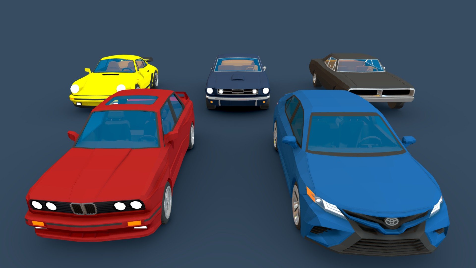 pack of 5 low poly cars for your games and projects.


Toyota Camry 2016
Ford Mustang GT Fastback 1965
Porsche 911 Turbo 930 1975
Dodge Charger 1969 -BMW M3 E30

Each model has separate wheels and some low poly interior.
Blender file included - Lowpoly cars pack - Buy Royalty Free 3D model by Apokalips123 (@semarumov) 3d model