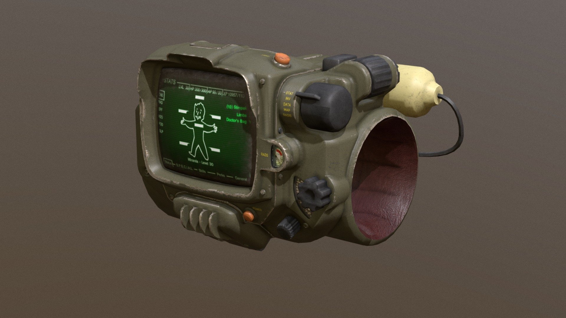Pip-Boy 3000 Mark IV
Game ready model for unreal, unity engine. For scenes, videos, games.
4k PBR  textures in substance painter. Albedo, Metalic + rougness, Normal map. 
gizmos ready. You need somting ? PM me =)
3D printing ready - Pip-Boy 3000 Mark IV - Buy Royalty Free 3D model by Thomas Binder (@bindertom61) 3d model