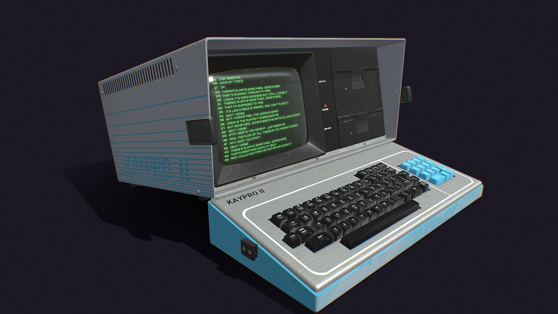 Game Resoultion model of a 80S KayPro 2 Computer. If you would like to use this model let me know. Just as long as you give credit 3d model