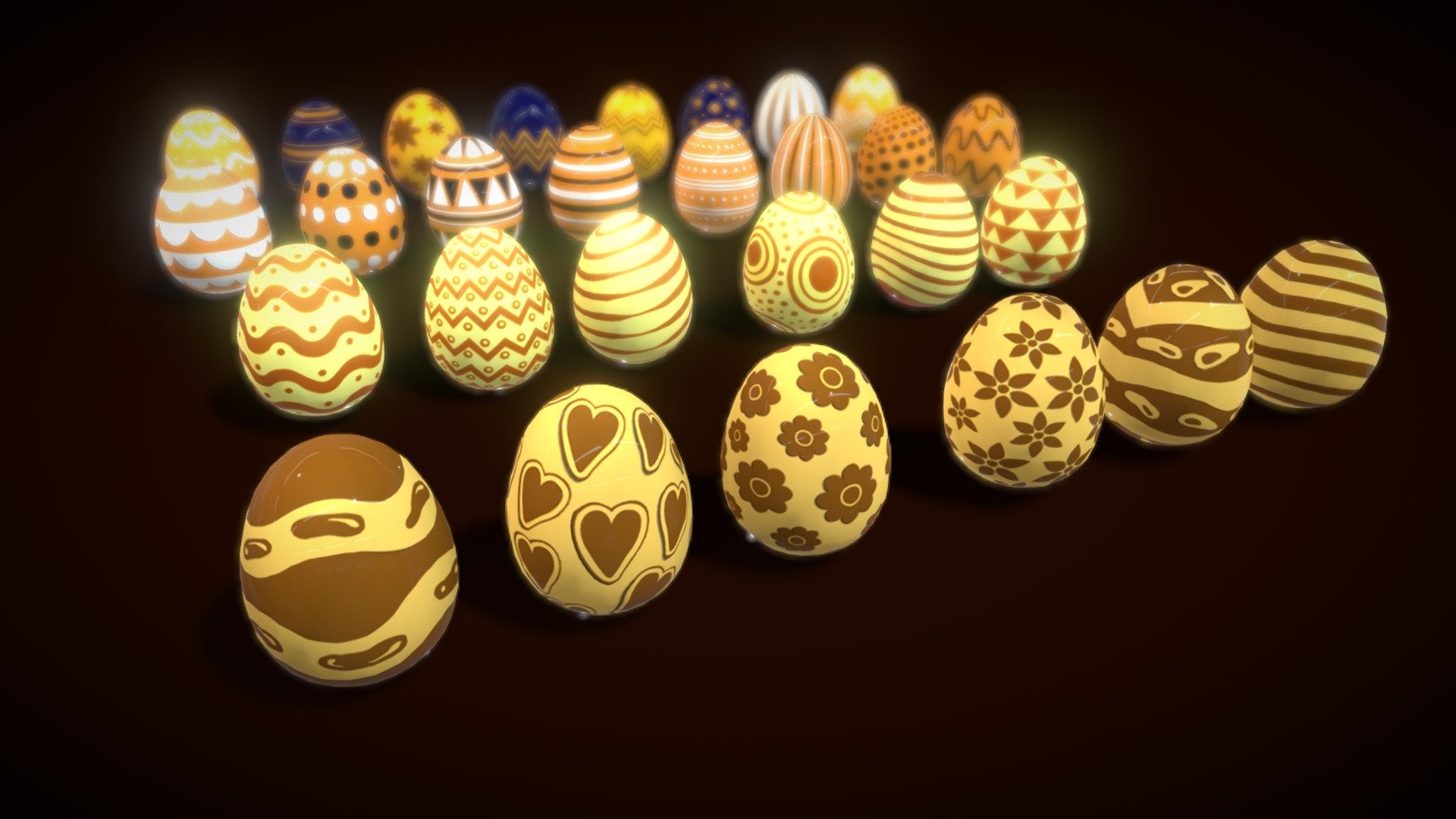 Get ready for Easter!

Collections Easter Eggs 7 model low-poly 3d model ready for Virtual Reality (VR), Augmented Reality (AR), games and other real-time apps. its ready for rendering and advertising too Features: 
- - 28 egg prefabs 
- - 4 Colections styles texture 
- - Polycount list : - Model 3D lowpoly Eggs ( 13248 polys/25152 Tris/12632 Verts) 
- - 4 Texture colections size 1024/1024 Please contact me if you have questions or need assistance with the models 3d model