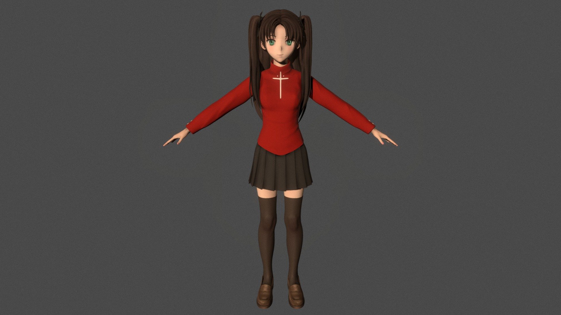 T-pose rigged model of anime girl Rin Tohsaka (Fate Stay Night).

Body and clothings are rigged and skinned by 3ds Max CAT system.

Eye direction and facial animation controlled by Morpher modifier / Shape Keys / Blendshape.

This product include .FBX (ver. 7200) and .MAX (ver. 2010) files.

3ds Max version is turbosmoothed to give a high quality render (as you can see here).

Original main body mesh have ~7.000 polys.

This 3D model may need some tweaking to adapt the rig system to games engine and other platforms.

I support convert model to various file formats (the rig data will be lost in this process): 3DS; AI; ASE; DAE; DWF; DWG; DXF; FLT; HTR; IGS; M3G; MQO; OBJ; SAT; STL; W3D; WRL; X.

You can buy all of my models in one pack to save cost: https://sketchfab.com/3d-models/all-of-my-anime-girls-c5a56156994e4193b9e8fa21a3b8360b

And I can make commission models.

If you have any questions, please leave a comment or contact me via my email 3d.eden.project@gmail.com 3d model