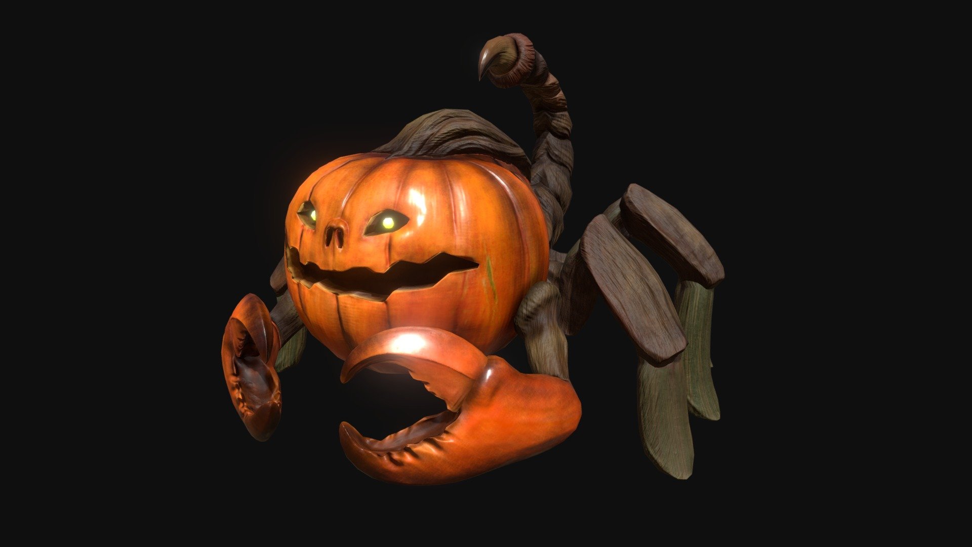 The character for Hallowen Pumpkin Scorpion.

Model is PBR and ready for game engines, all meshes unvrapped into one texture set.

Rigged: Castom rig with controllers (inverse kinematic) for tail, foots and claws, rig is easy for animating, this model have not animations but if you interested of it you can write me to add animations and update it

UVWUnvrap: Not overlapped, one texture set

PBR: (Metalic Roghness) Pumpkin_BaseColor, Pumpkin_Normal, Pumpkin_Roughness, the metalic map to zero

Topology is clean and triangulater for exports but you can off triangulation in the blender file - Pumpkin_Scorpion - 3D model by Gajk.Mv 3d model
