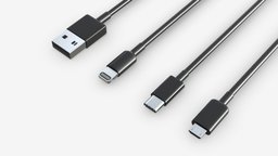 USB C lightning cables set black link, equipment, plug, wire, phone, port, charge, connector, connection, lightning, cable, connect, cord, 3d, pbr, mobile, technology, digital, usbc