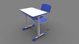 School Table And Chair school, brazil, desk, study, seat, class, furniture, table, color, classroom, teacher, teach, conference, unversity, 3d, chair, low, poly, model, wood, student, interior