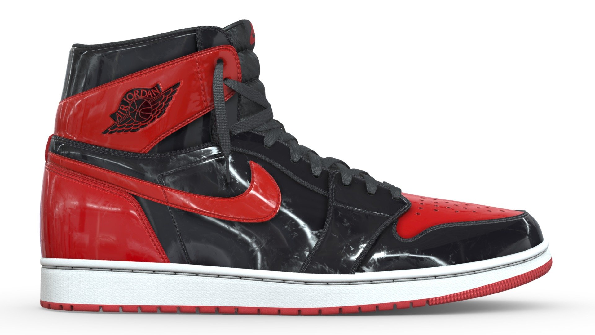 Jordan 1 silhouette in the Patent Bred Colourway. A glossy take on the Jordan 1, the Patent Bred colourway swaps smooth leather for shiny, patent leather. Utilizing the classic Bred colour blocking, the shoe matches a timeless look with a flashy, modern take. The white midsole, red sole, black tongue and sock liner are the only panels not to use patent leather. 

Modelled in Blender and textured in Substance, no detail went overlooked in the creation of this shoe. As a result it is subdivision ready. Unwrapped with efficiency in mind both left and right shoes are mostly identical, save for logos and text that cannot be mirrored. This was done to save on having 8 texture sets instead of 4, most of the unwrapped mesh of one shoe overlaps with the other.

An alternate version of the shoe, which combines those 4 texture sets into just 1 isa available, along with lace colour variations 3d model