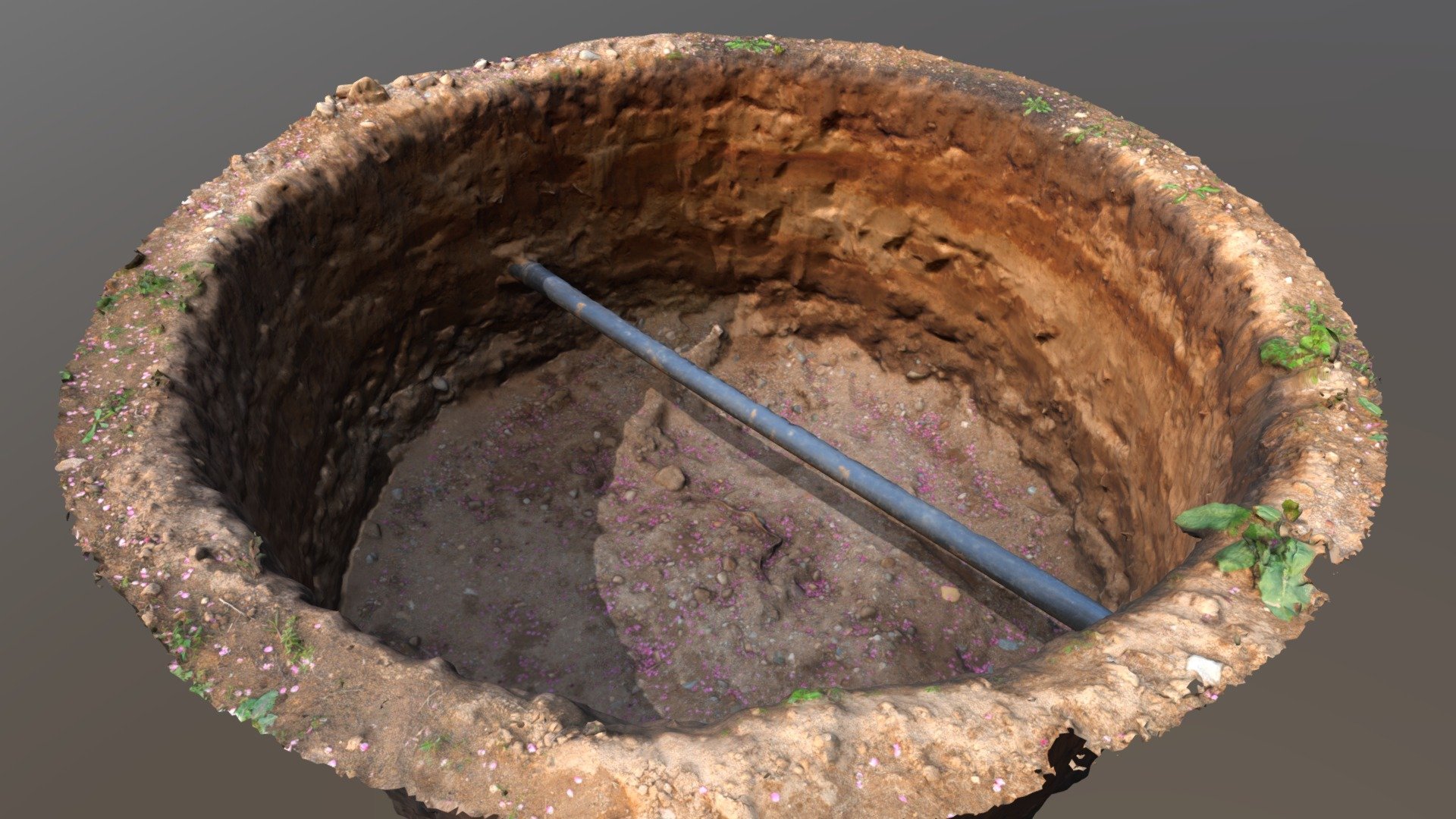 A medium sized (5.25m in diameter, 2.45m deep) pit/pothole dag in the ground, with a waste pipe running through it. 

Really not sure what category to put this into, so it ended up as a part of Architecture :) since it is a cylinder&hellip;

Reconstructed with Agisoft Metashape 1.5.1

If you use this model and publish it somewhere, please leave the link in the comments -  I would love to see what you've done with it 3d model