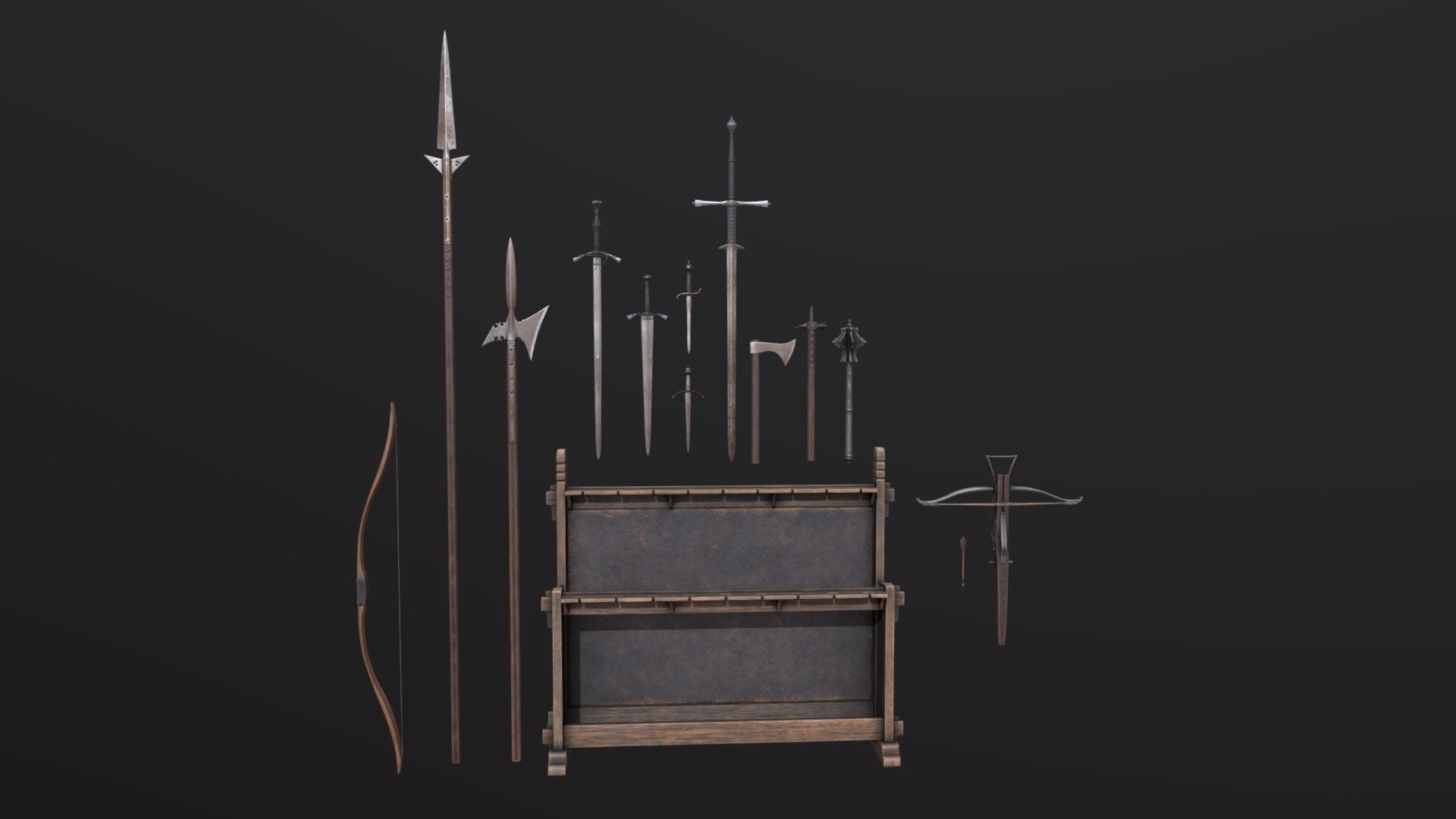 A set of medieval weapons along with a wooden weapon rack 3d model