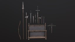 Medieval weapons with weapon rack warhammer, crossbow, hammer, spear, rack, bow, german, medieval, bolt, display, mace, halberd, knife, game, pbr, axe, sword, war, dagger