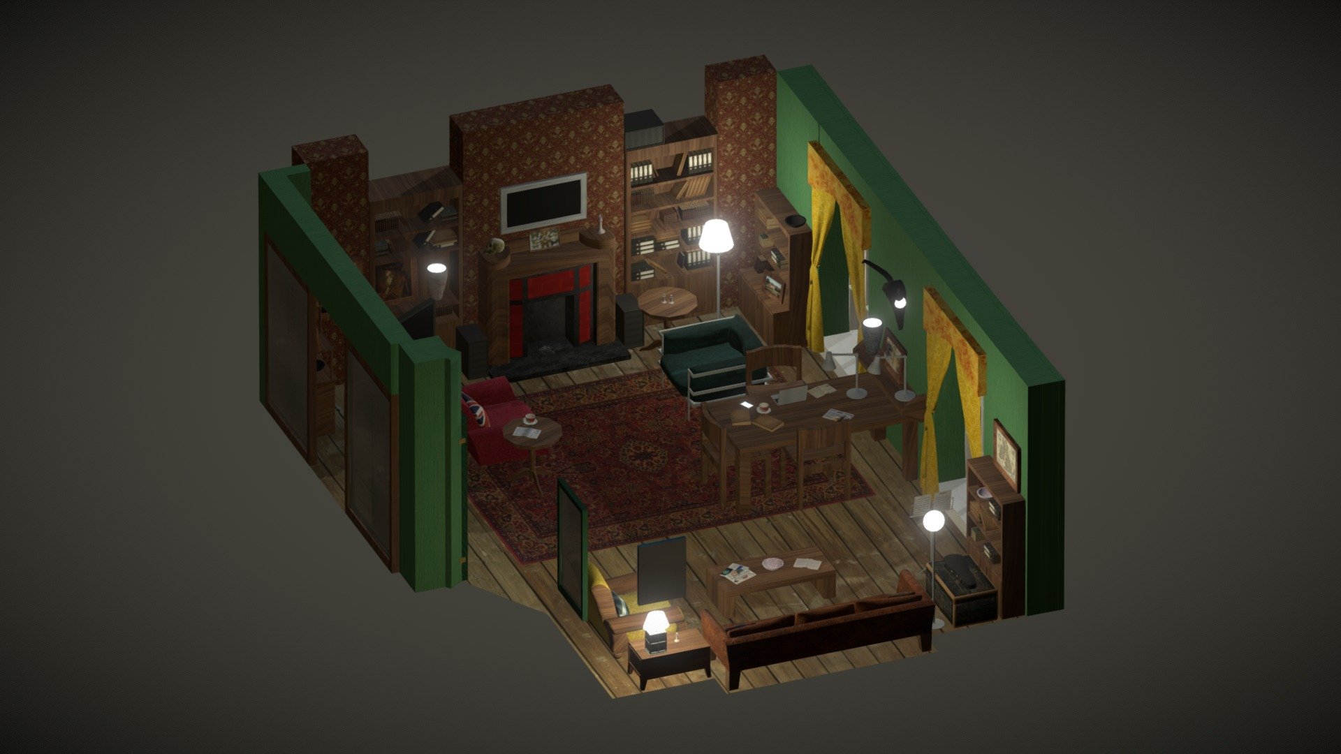 An Isometric Room view. Based on the sitting room in Sherlock Holmes' apartment, in the BBC TV series &lsquo;Sherlock', located at 221B Baker Street, London, England 3d model