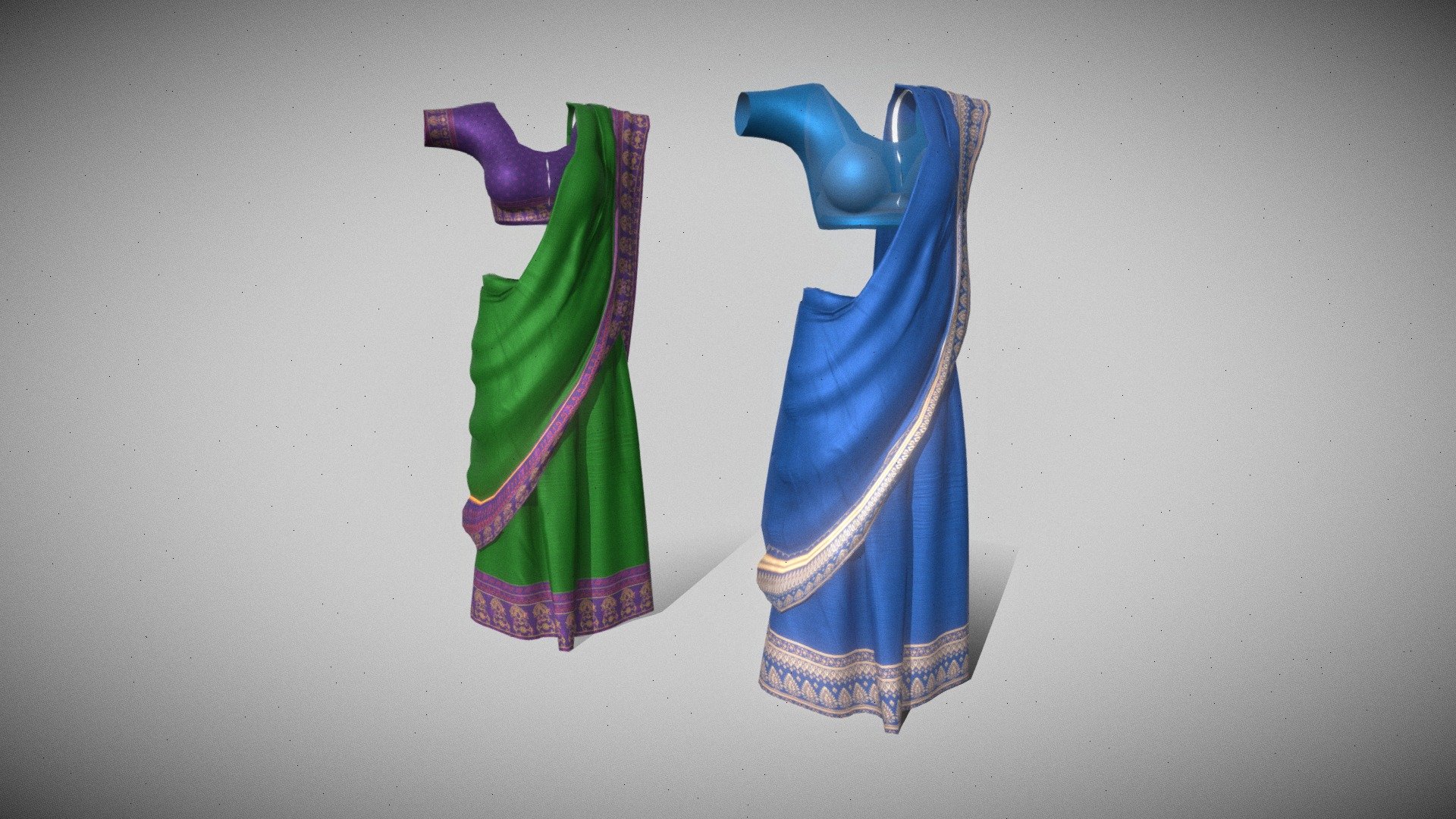 This is a Saree and blouse an Indian treditional Atire.
A sari sometimes (also saree or shari) is a women's garment from the Indian subcontinent that consists of an un-stitched stretch of woven fabric arranged over the body as a robe, with one end attached to the waist, while the other end rests over one shoulder as a stole (shawl).




Game Ready - low poly.

PBR Textures

3 Materials - Saree, Blouse, Innerwear.

Simulated using Blender cloth and some sclupting.

UV unwrapped.
 - Saree and blouse - Indian Dress/ skirt for women - Buy Royalty Free 3D model by the3dCartel 3d model