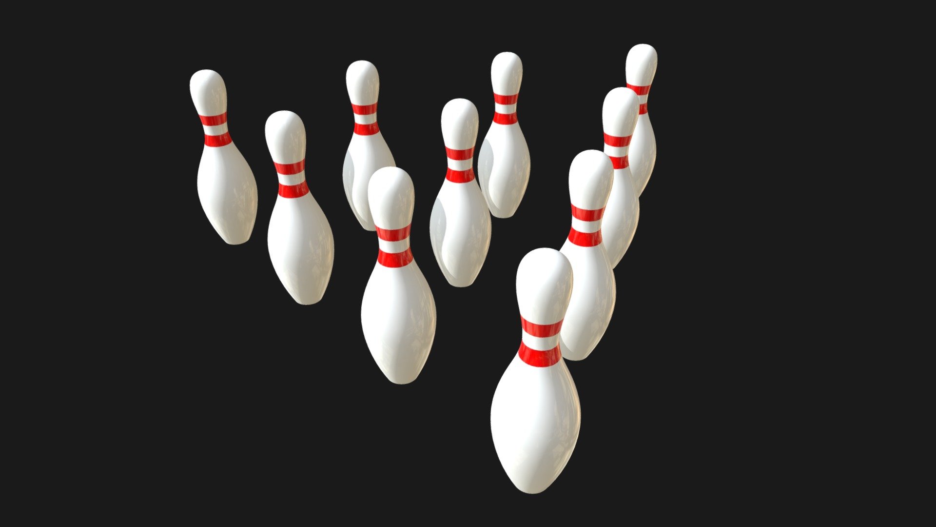 === The following description refers to the additional ZIP package provided with this model ===

10 bowling pins 3D Models, with real dimensions and distances (relative positions). 10 individual objects sharing the same non overlapping UV Layout map, Material and PBR Textures set. Production-ready 3D Model, with PBR materials, textures, non overlapping UV Layout map provided in the package.

Quads only geometries (no tris/ngons).

Formats included: FBX, OBJ; scenes: BLEND (with Cycles / Eevee PBR Materials and Textures); other: 16-bit PNGs with Alpha.

10 Objects (meshes), 1 PBR Material, UV unwrapped (non overlapping UV Layout map provided in the package); UV-mapped Textures.

UV Layout maps and Image Textures resolutions: 2048x2048; PBR Textures made with Substance Painter.

Polygonal, QUADS ONLY (no tris/ngons); 53580 vertices, 53560 quad faces (107120 tris).

Real world dimensions; scene scale units: cm in Blender 3.3 (that is: Metric with 0.01 scale).

Uniform scale object (scale applied in Blender 3.3) 3d model