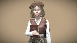 Vintage-style Low-poly 3D model (Rigged + PBR) vintage, rig, facialanimation, rigged-character, facial-rig, facial-expressions, sketchfabweeklychallenge, character, girl, 3d, blender, animation, sketchfab