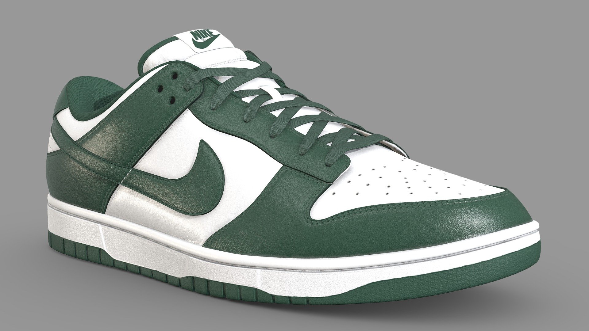 Nike Dunk Low in the Michigan State Colourway. Every detail was made in the recreation of this shoe, from the text on the medial side of the shoe to the subtlety of each material, nothing went overlooked. Stitches were sculpted by hand to achieve the highest quality

What's included


Blender file with linked textures
FBX and OBJ versions
OneMesh version
All 4k textures

Model Features

The upmost care went into crafting this model. As a result it is subdivision ready. The model was unwrapped with efficiency in mind. Both left and right shoes are mostly identical, save for logos and text that cannot be mirrored. As such the high detail version of the shoe uses 4 UV maps to cover both of the shoes, with the One mesh version using just the one UV map 3d model