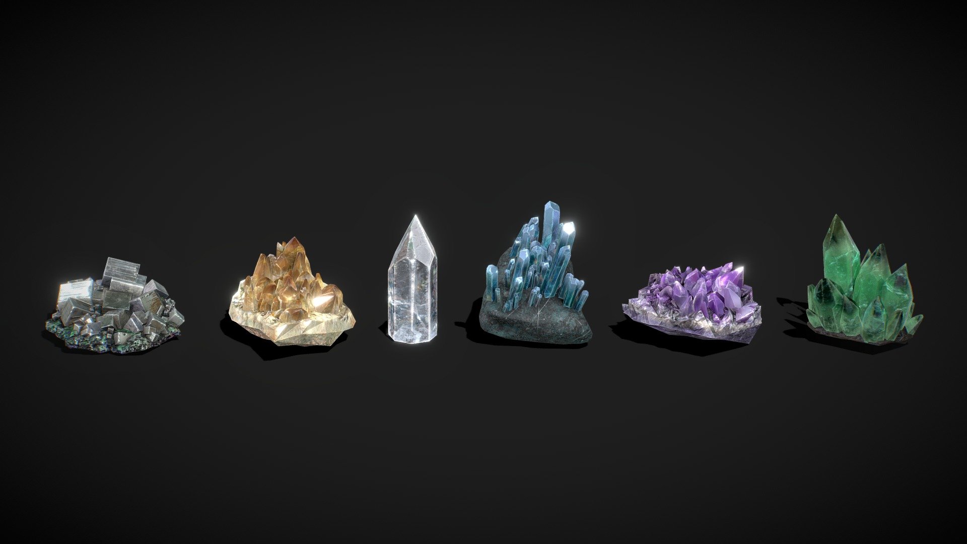 Minerals Low Poly pack

Triangles: 13.2k
Vertices: 7.6k

Pack includes:


Pyrite Crystal
Citrine Quartz Cristal
Crystal / Clear Quartz 
Blue Crystals / Quartz
Cristal Amethyst
Green Crystal / Ghost quartz

4096x4096 PNG texture

Minerals Collection &lt;&lt; - Crystals / Quartz Minerals Low Poly pack - Buy Royalty Free 3D model by Karolina Renkiewicz (@KarolinaRenkiewicz) 3d model