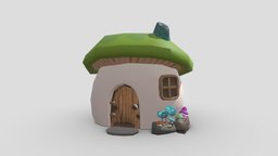 casita baja con ventana y setas azules cute, mushroom, videogame, casa, seta, mushroomhouse, low-poly, house
