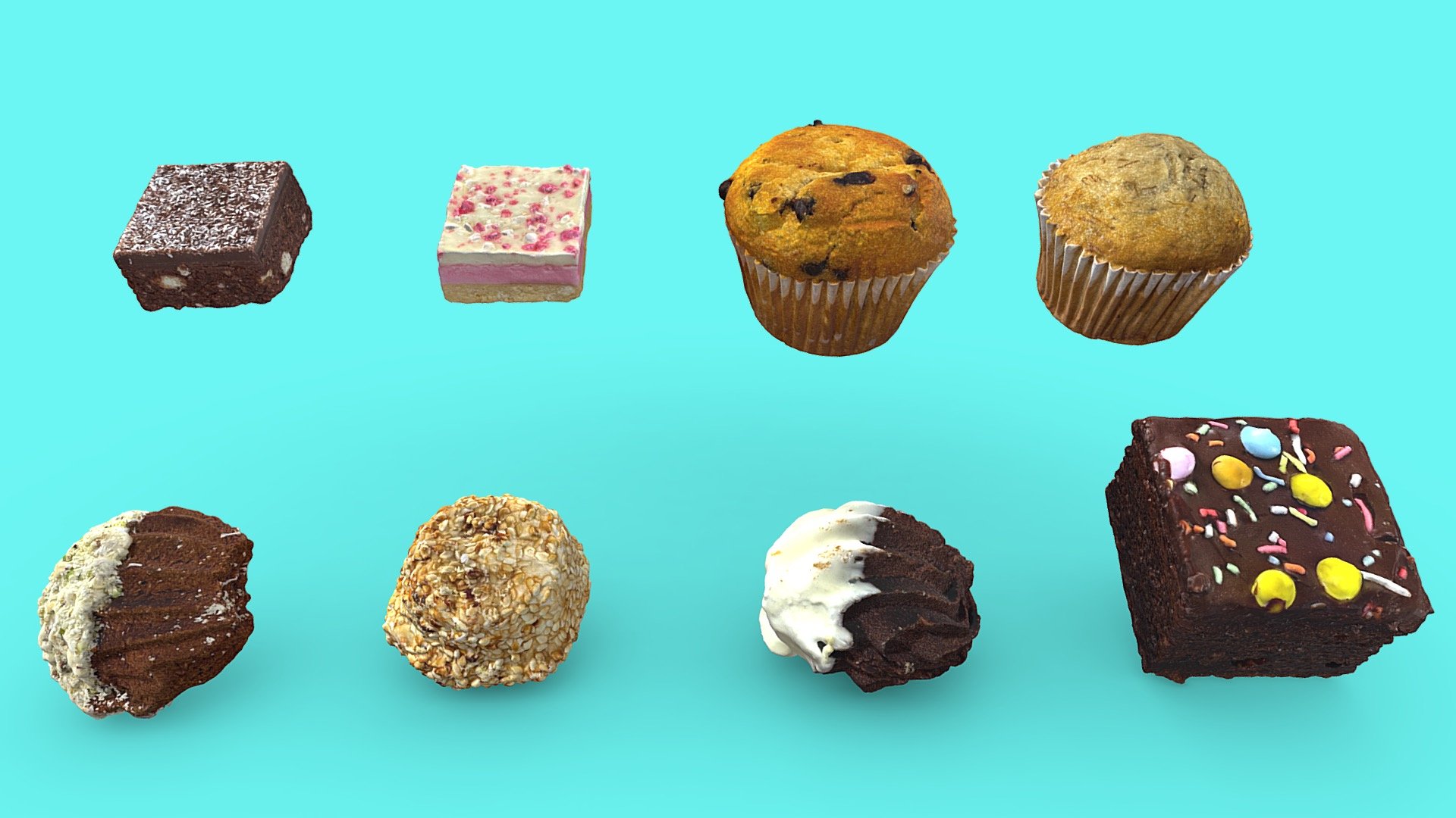 A collection of 8 photogrammetry scanned desserts.
- Bana cake cupcake
- Chocolate biscuit
- Hedgehog slice
- Mini chocolate chip cupcake
- Party slice with sprinkles
- Sesame seed biscuit
- Lemon slice
- White chocolate dipped biscuit - Desserts Collection - Buy Royalty Free 3D model by Andrei Alexandrescu (@Andrei_Alexandrescu) 3d model