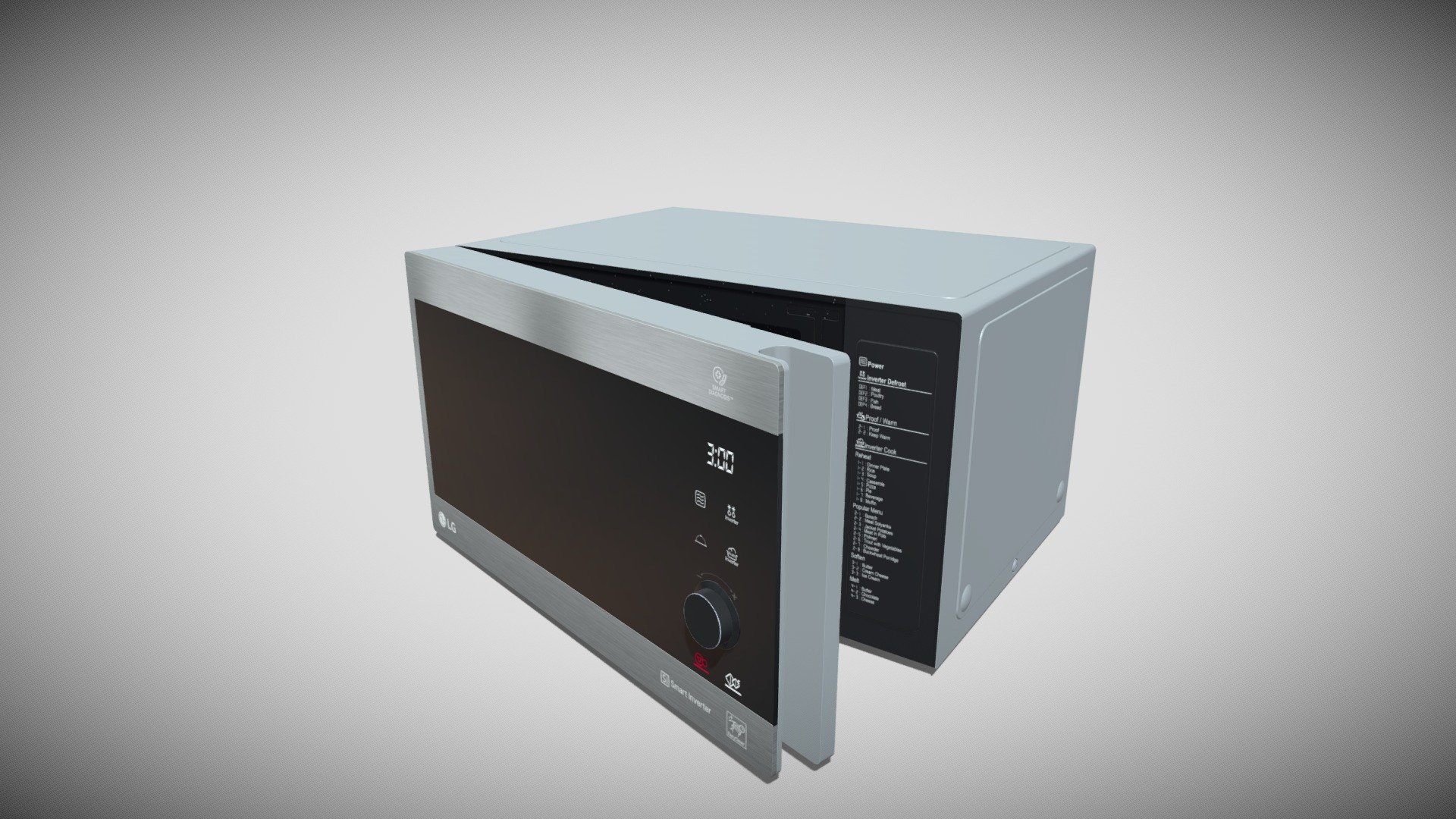 Detailed model of an LG Neochef Microwave Oven And Grill, modeled in Cinema 4D.The model was created using approximate real world dimensions.

The model has 39,543 polys and 38,419 vertices.

An additional file has been provided containing the original Cinema 4D project file, textures and other 3d export files such as 3ds, fbx and obj 3d model