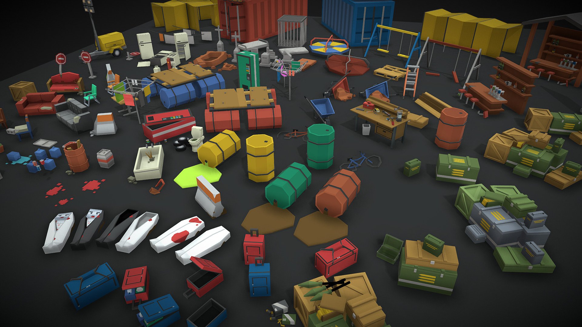 Simple Apocalypse - Env Props. This awesome asset collection includes 123 assets for use in your project.

Our Simple series has a cuby low poly style look 3d model