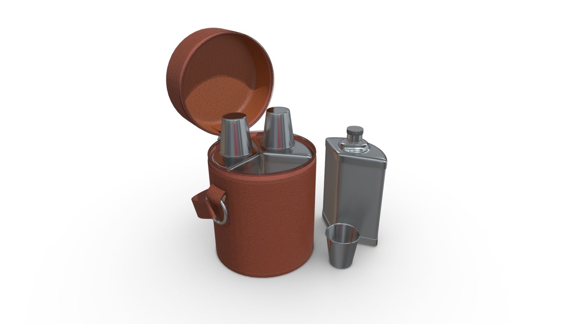Camping set of flasks in leather bag 3d model