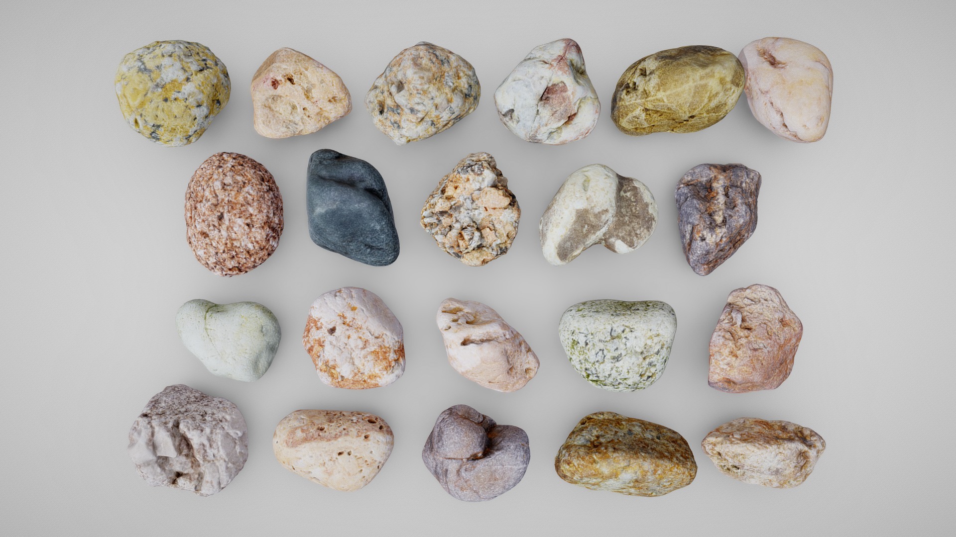 Other packs: pack 1, pack 2, pack 4

These assets were generated from scans of beach pebbles and stones I picked up on the shore between Plouguerneau and Roscoff, in France. I did not specifically select extraordinary samples, but rather tried to go for a broad diversity of colors and shapes in order to create an interesting pack.

Each prop in this bundle comes with .fbx, .obj and .dae formats, and is available in 5 different resolutions:




LOD0: 15k tris - 4096x4096 textures (albedo and normal maps)

LOD1: 5k tris - 2048x2048 (those are the ones visible here!)

LOD2: 1.5k tris - 1024x1024

LOD3: 500 tris - 512x512

LOD4: 150 tris - 256x256

If this fits your usage, you can also simply download the full collection of 84 rocks for free in the lowest resolution here :D

Enjoy ! - Rocks - Pack 3 - Buy Royalty Free 3D model by Loïc Norgeot (@norgeotloic) 3d model