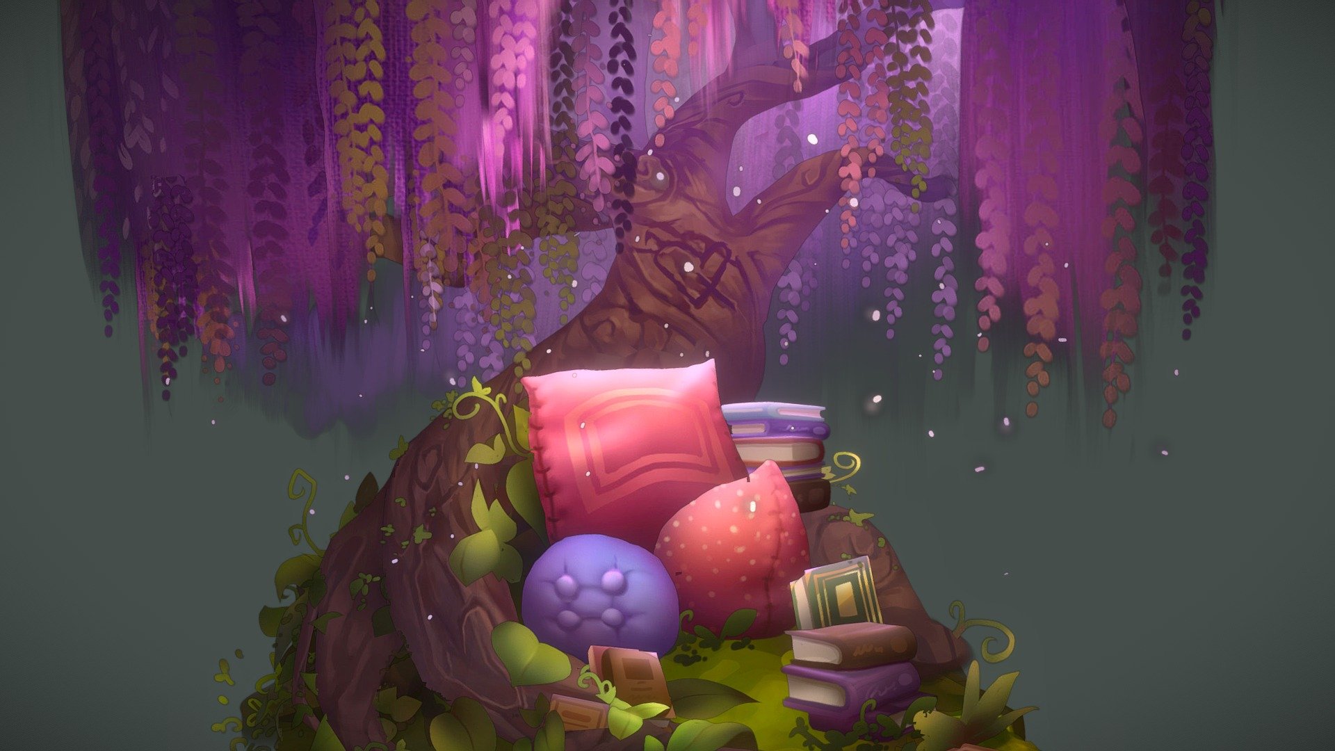 A 2.5D assignment from my CGMA course on Creating Stylized Game Assets with Ashleigh Warner!

This project was heavily inspired by the Hermannshof Botanical Garden in Germany, where I used to stroll and read under the beautiful wisteria trees for hours as a child. I wanted to recreate that magical little space for myself with this project :)

Learned a lot from my first 2.5D model - will update this project later following Ashleigh's feedback. 

Cheers!

[https://sketchfab.com/ashdoodles] - Under The Wisteria Tree - 3D model by Katametz 3d model
